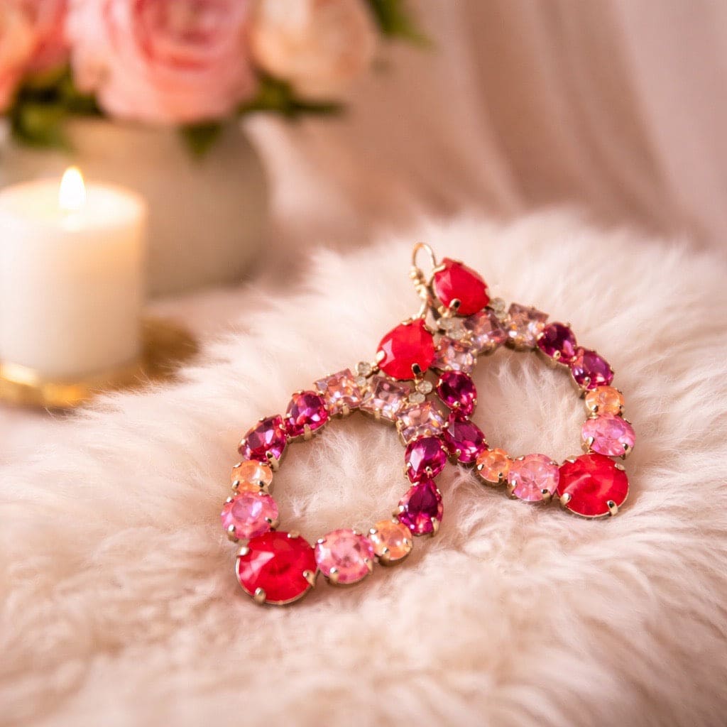 
                  
                    Handgemaakt Swarovski statementoorbellen met swarovski kristallen van het nieuwe merk Damice Jewelry bewonder dit model de Barletta Fuchsia Red. 
                  
                